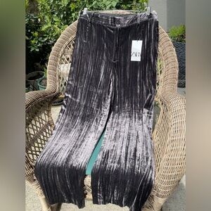 Zara Shimmering Velvet  Trousers in Silver Gray